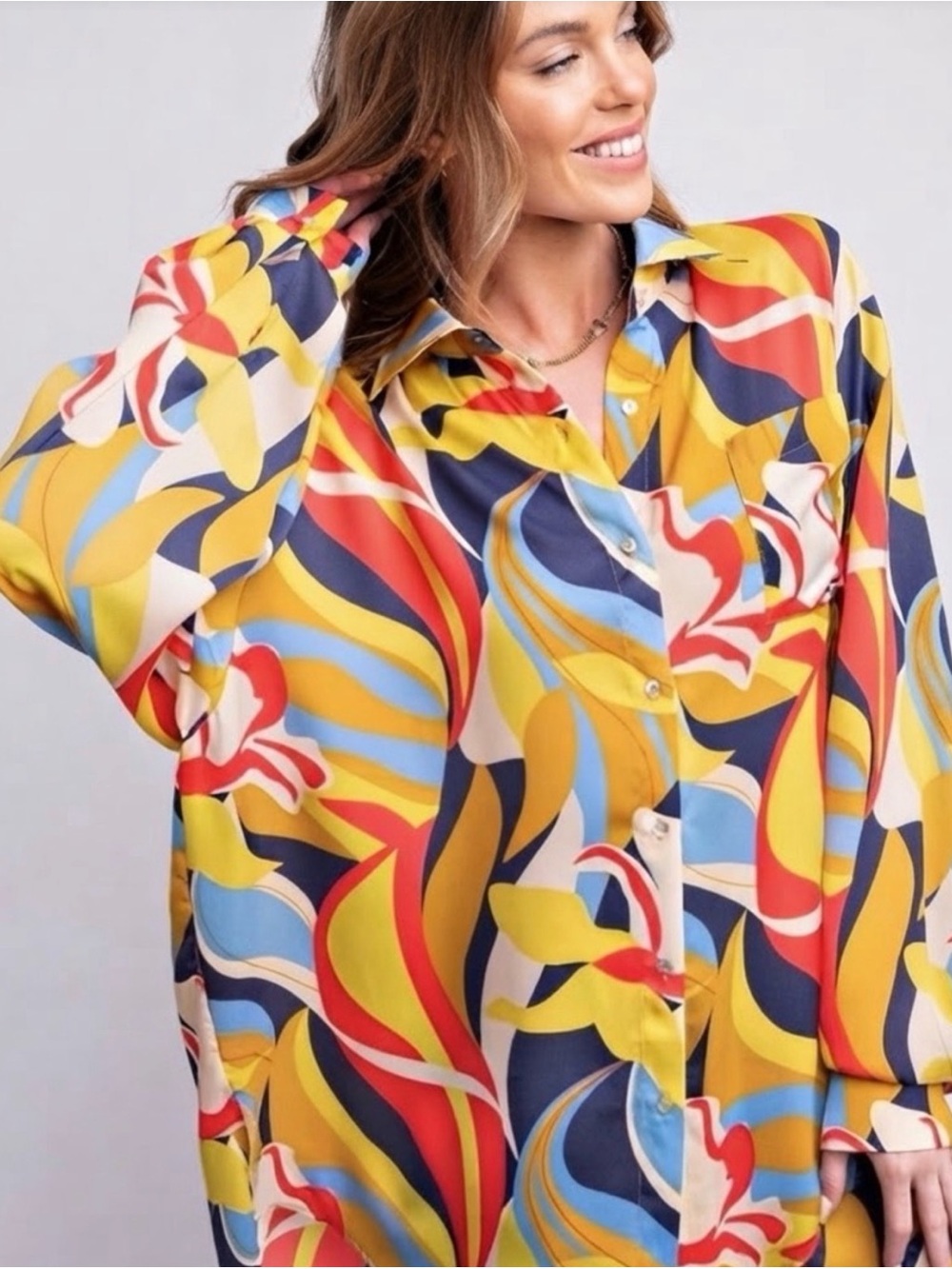 Easel Yellow Red Blue Abstract Print Button-Down Shirt